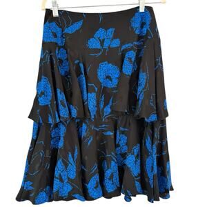 Blue Floral 100% Silk Tiered Black Midi Skirt Korean Made Women’s Size 10
